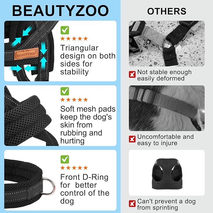 BEAUTYZOO Dog Harness for Large Dogs, No Pull Dog Harness and Leash Set, Soft Escape Proof Puppy Vest Harness with Handle, Reflective Lightweight Step in Harness for Girl Boy Dogs, Black L