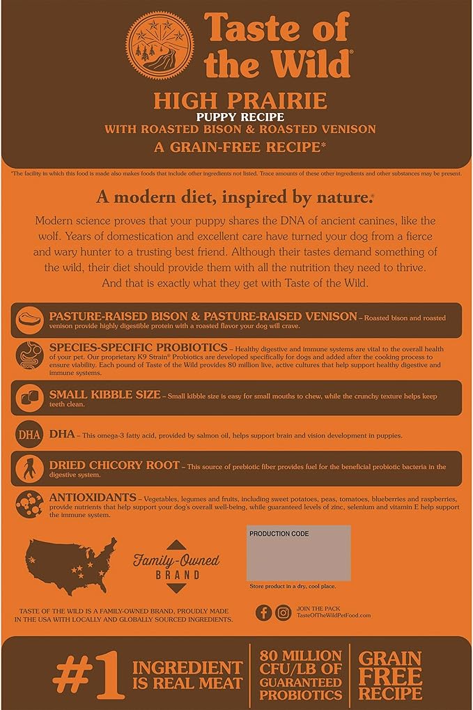 Taste of the Wild High Prairie Canine Grain-Free Recipe with Roasted Bison and Venison Dry Dog Food for Puppies, Made with High Protein from Real Meat and Guaranteed Nutrients and Probiotics 5lb