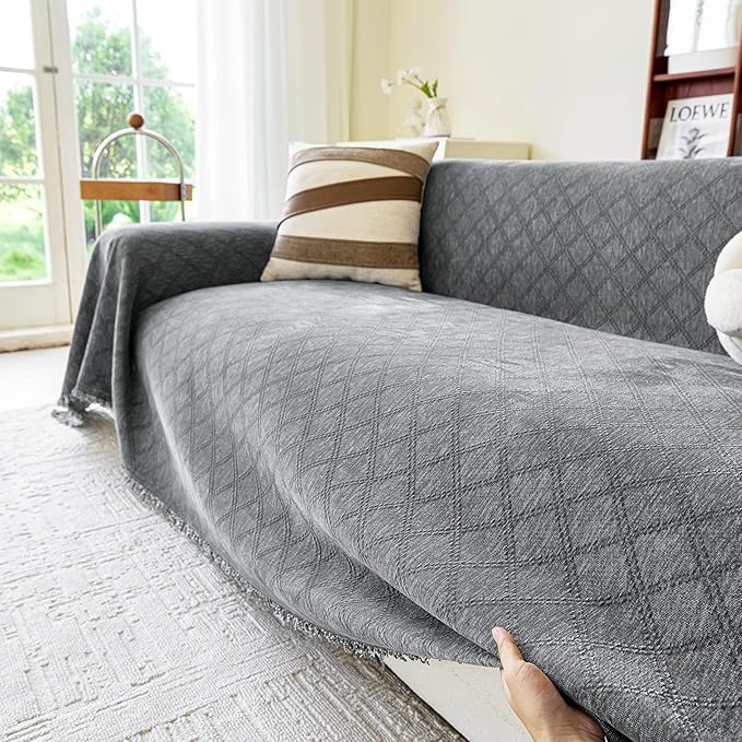 VANJOROY Grey Couch Chair Cover, Armchair for 1 Cushion Couch, Washable Chenille Sofa Cover Protector Soft Sofa Slipcovers for Pets Dog with Tassel,71"x 91"