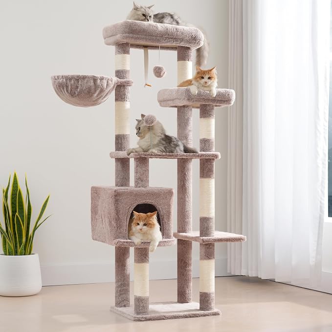 Gitelsnour Cat Tree for Indoor Cats, 55.1 inch Cat Tower with 7 Sisal Scratching Posts, Multi-Level Cat Condo wit Large Play Platform Furry Ball, Cat Cave, 2 Padded Perches, Basket, Mushroom GCT013MU