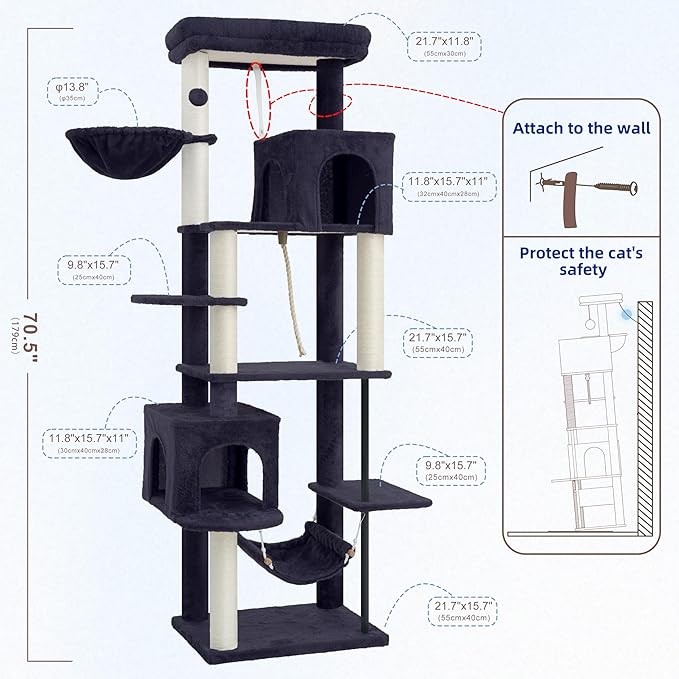 Gitelsnour Cat Tree for Indoor Cats Large Adult, 70.5'' Cat Tower with Scratching Post, Sturdy Steel Pube Cat Tree Tower with Large Playing Platfrom, Hammock and Basket, Top Perch, Drak Gray GCT024G