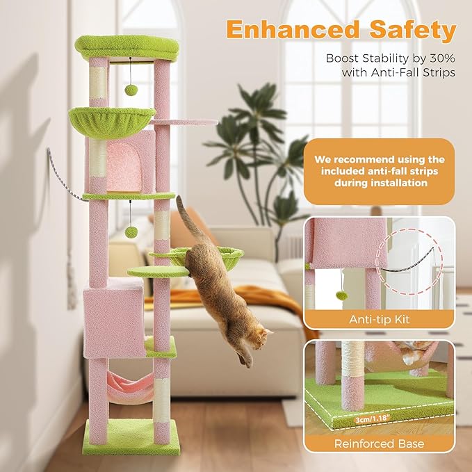 MUTTROS 71.2" Large Cat Tree for Multi-Cat Households - Heavy-Duty 9-Level Cat Tower w/5 Sisal Scratching Posts, 2 Condos, 3 Hammocks, Extra-Large Perch & Pompoms - Space-Saving, Pink