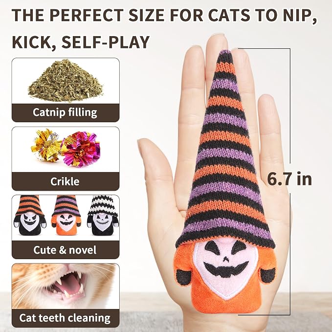 Retro Shaw Crinkle Sound Gothic Catnip Toys for Indoor Cats, 6.7 in, 3 Pack | Interactive Fun, Soft and Durable, Safe Teeth Cleaning, Halloween Gnome Plush Toy
