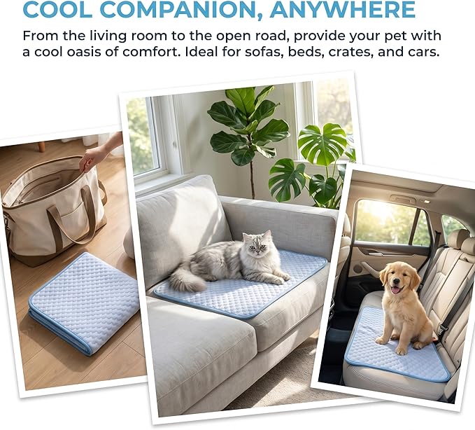 Dog Cooling Mat for Small & Medium Pets, 24"x20" (60x50cm) - Gel Free Ice Silk Self-Cooling Pad, Non-Slip Summer Pet Bed, Portable & Scratch Resistant, Blue