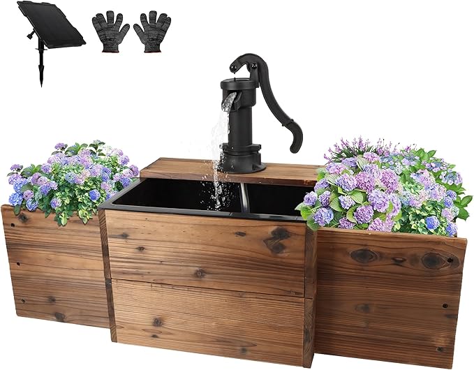 OIPRTGFJ Outdoor Water Fountain,Floor Wooden Pump Old-Fashioned Fountain with Flower Box,Solar Decorative Hand Pump, Outdoor Water Feature for Garden Patio Backyard (Solar Rectangular Pump)