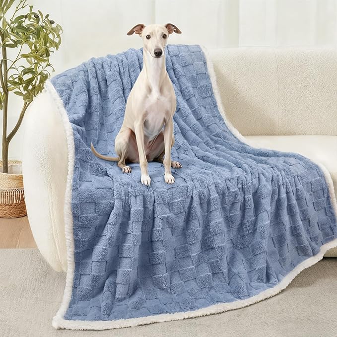 Luciphia Waterproof Dog Blanket, Leakproof Large Pet Blanket for Couch Sofa Bed Furniture Cover Protector, Washable Soft Sherpa Fleece with 3D Jacquard, Cozy Calming Reversible, Blue White, 65"x57"