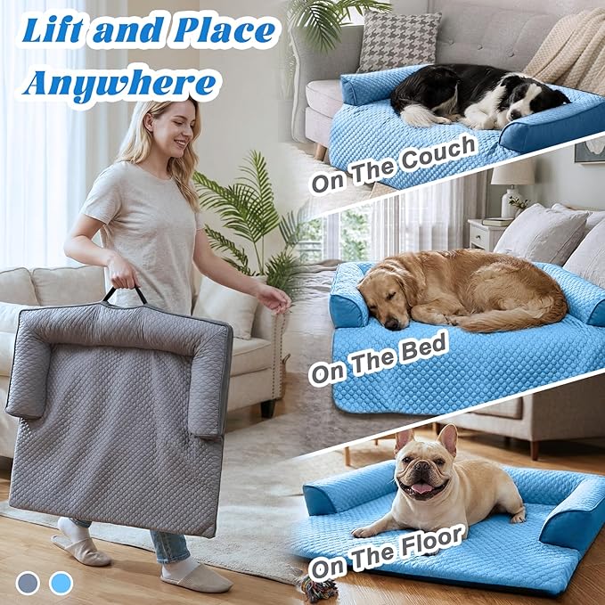 GGIB Cooling Dog Bed Mat with Bolster Pillow Washable Dog Couch Cover Breathable Summer Pet Couch Bed Protector Indoor(Extra Large, Cooling Grey)