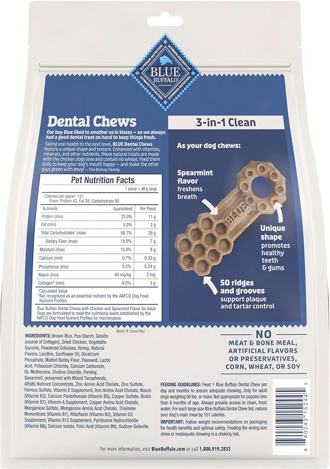 Blue Buffalo Large Dental Chews Bundle, Natural Dog Treats Enhanced with Vitamins, Minerals, and Other Nutrients, Four 22 oz. Bags