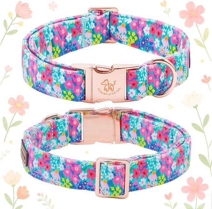 Elegant Little Tail Spring Floral Dog Collar, Cute Girl Dog Collars with Bow - Wildflowers Pink Puppy Collar, Adjustable Female Dog Collars Bowtie for Small Medium Large Dogs