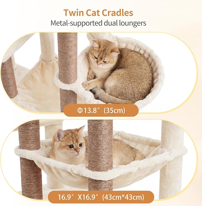 Heybly Cat Tree, 69.7 inches Secure Anti-Tip Cat Tower for Large Cats, Expansive Cat Furniture with Dual-Tier Cat Condo Villa, 2 Top Perches, Hammock & Full Sisal Scratching Posts Beige HCT065MJ