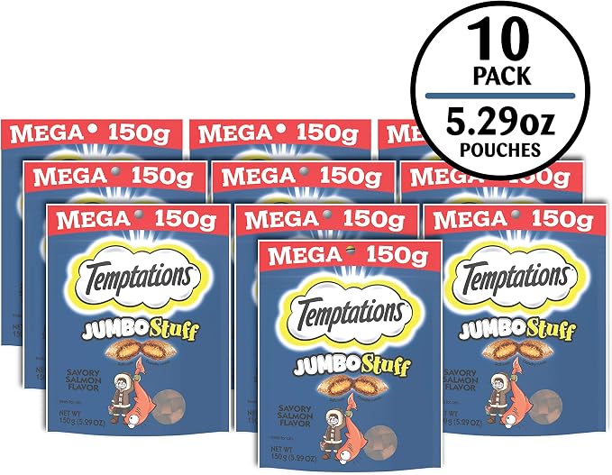 Temptations Jumbo Stuffed Cat Treats, Crunchy and Soft Cat Treats, Savory Salmon Flavor, 5.3 oz. Pouches (Pack of 10)