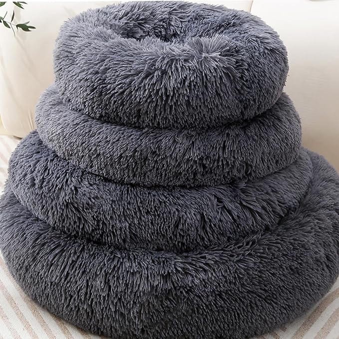 Calming Donut Cat Bed Dog Bed Round Plush Pet Bed Fluffy Rabbit Cave Warm Dog Couch Non Slip Bottom for Pets Furniture Up to 5KG
