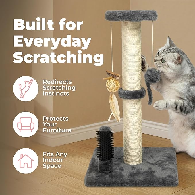 Best Pet Supplies Catify Cat Scratcher, Fun Interactive Scratchers, Posts, Poles, Claw Safe, Furniture Saver Indoor Play Support Natural Cat Behaviors Heavy Duty - Gray Scratching Post - H: 33"