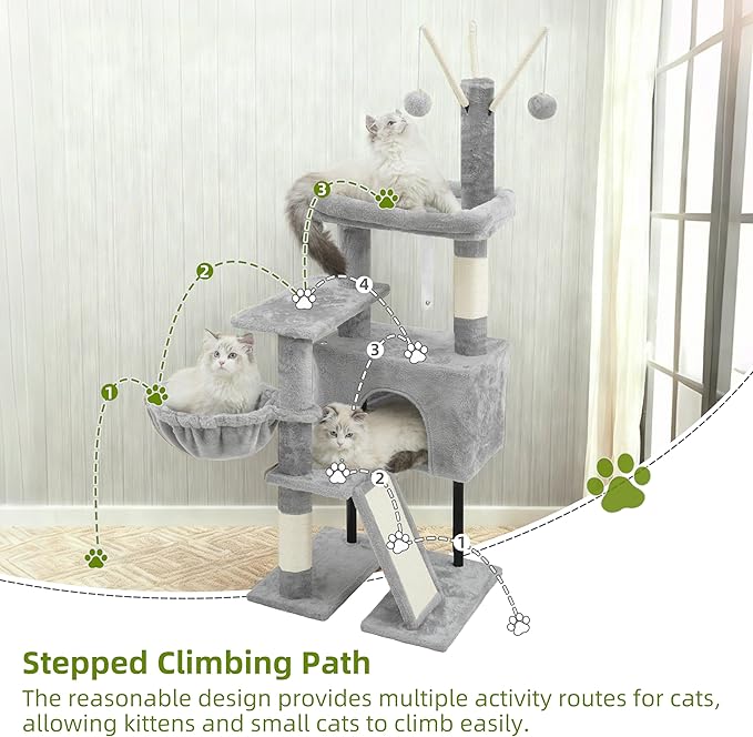Gitelsnour Cat Tree for Indoor Cats, Cat Tower with Scratching Post for Small Cats and Kittens, Cat House with Removable Top Platform and Fluffy Balls, Hanging Cat Basket, Light Gray GCT006SW