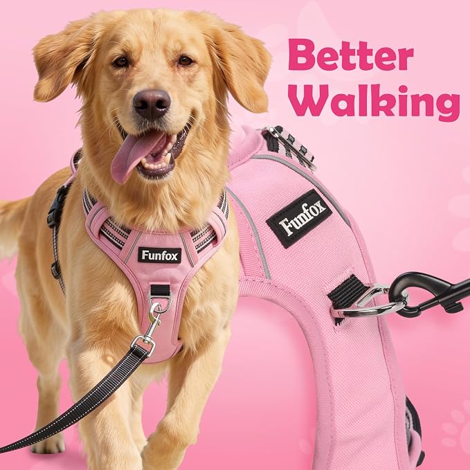 Funfox Dog Harness No Pull, Adjustable Pet Vest Harness, Super Soft Material with Vertical Handle Easy Control, Reflective Night Walking, 2 Leash Clips for Medium Sized Dogs, Pink, M