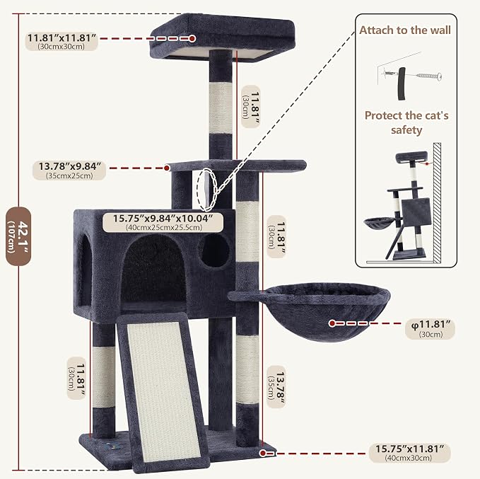 Gitelsnour Cat Tree, 42.1" Cat Tower for Indoor Kittens with Scratching Board and Posts, Multi-Level Cozy Cat Condo with 2 Perches, Hammock, Balls, Smoky Gray GCT005SG