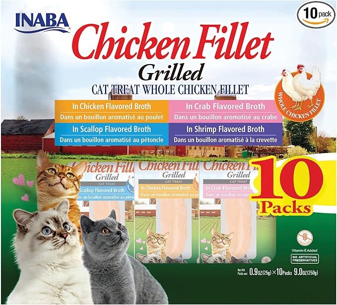 INABA Premium Hand-Cut Grilled Chicken Fillet Cat Treats/Topper with Vitamin E and Green Tea Extract, 0.9 Ounces Each, Pack of 10, Variety Pack