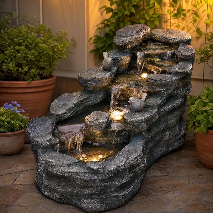 YZM 36.61" Outdoor Water Fountain with LED Lights, 5-Tier Cascading Rock Waterfall Fountain, Freestanding Resin Garden Fountain for Patio, Yard, Porch, Backyard and Indoor Decor