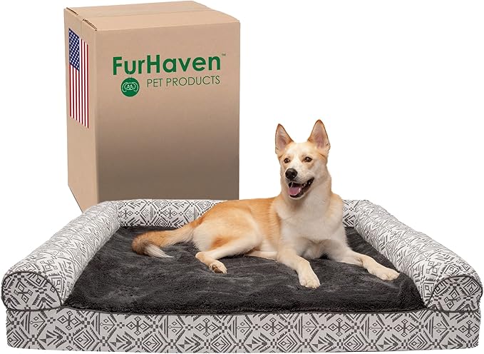 Furhaven Memory Foam Dog Bed for Large Dogs w/ Removable Bolsters & Washable Cover, For Dogs Up to 125 lbs - Plush & Southwest Kilim Woven Decor Sofa - Boulder Gray, Jumbo Plus/XXL