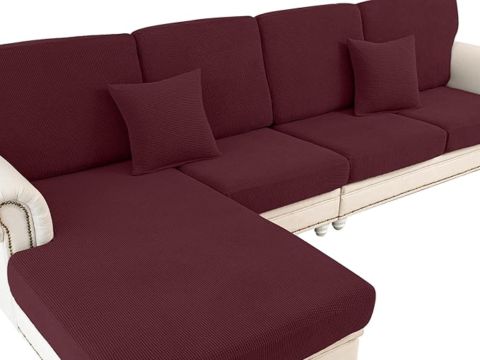 LA MEACK Couch Cushion Chaise Lounge Cover Washable Separate Seat Chaise Couch Cover Stretch Sectional Sofa Slipcover (1 Piece for Chaise or Sofa 3-Seater, Burgundy)
