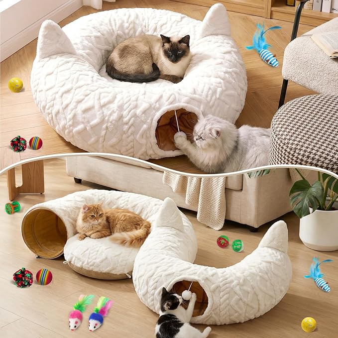 OurWarm Large Cat Tunnel Bed for Indoor Cats with Soft Cushion & Cat Toys, Round Under Tree Cats Donut Tunnel Christmas Tree Skirt, White Plush Pet Peekaboo Cave for Kitten/Puppy/Rabbit to Play