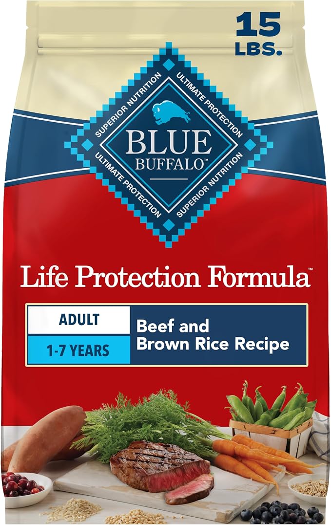 Blue Buffalo Life Protection Formula Beef & Brown Rice Adult Dry Dog Food, Supports Immunity with Antioxidant-Rich LifeSource Bits, Promotes Healthy Muscle Development, Skin & Coat Health, 15 lbs.