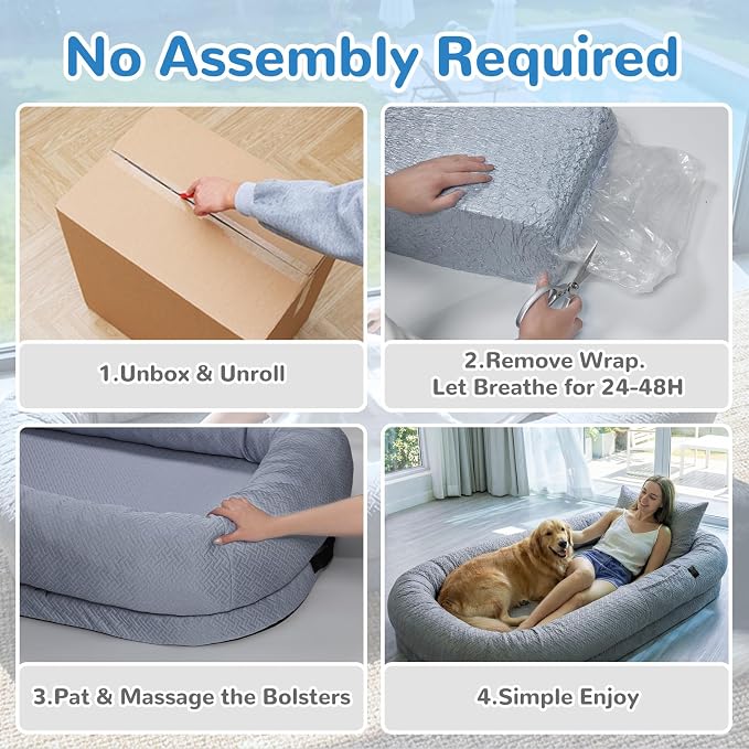 YAEM Cooling Human Dog Bed, 71"x45"x12" Breathable Human Size Dog Bed for Adults, Waterproof Giant Pet Beds with Washable Cover & Non-Skid Bottom, Glacier Grey