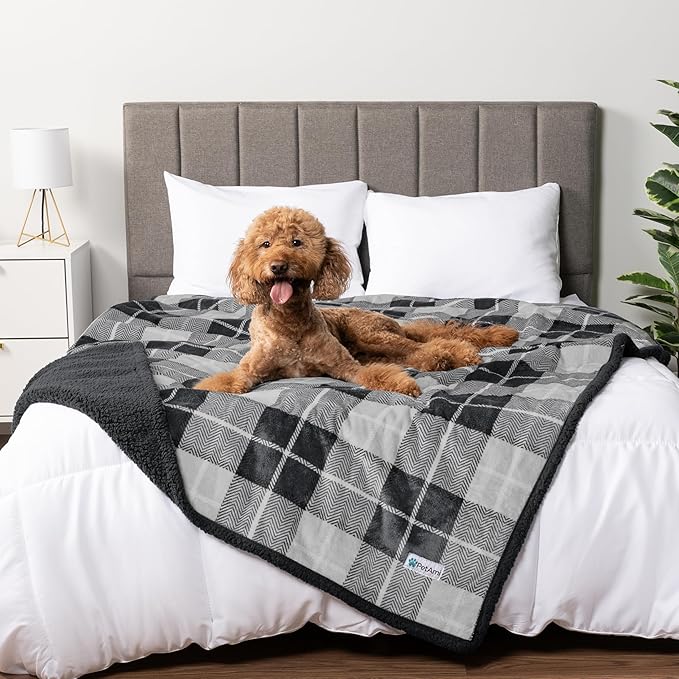 PetAmi Waterproof Dog Blanket for Couch, Extra Large 80x60, Pee Proof Sherpa Fleece Reversible Pet Throw, Furniture Protector for Bed Sofa Crate Kennel, Soft Washable Cover for Dogs Cats, Plaid Grey