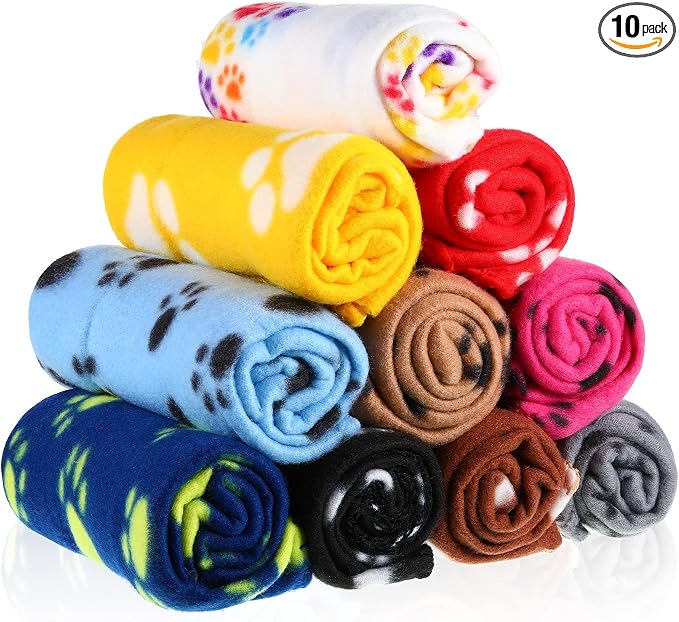 Tatuo 10 Pieces Pet Blankets with Paw Print Dog Cat Fleece Blankets Soft Warm Sleep Mat Pad Bed Cover for Kitten Puppy and Other Small Animals, 24 x 28 Inch(Vibrant Color)