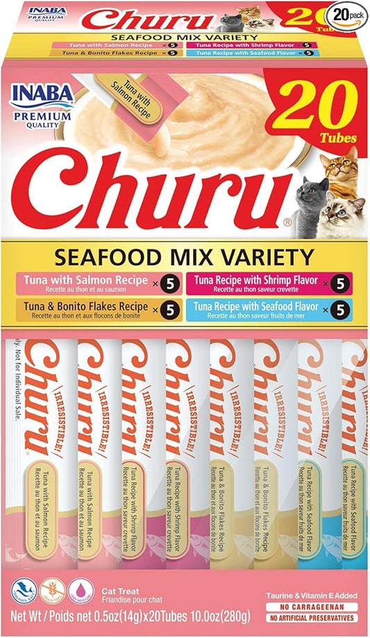INABA Churu Cat Treats, Lickable, Squeezable Creamy Purée Cat Treat with Green Tea Extract & Taurine, 0.5 Ounces Each Tube, 20 Tubes, Seafood Variety Box