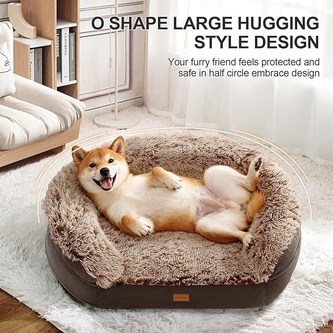 iweepet Fluffy Orthopedic Dog Beds for Large & Extra Large Dogs, 41" Calming Dog Sofa Bed with Supportive 28D Egg-Crate Foam, Removable Washable Cover, Waterproof Lining, for Puppy,Senior,Sick