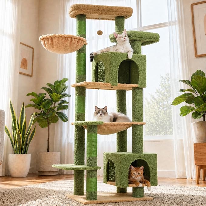69” Tall Cat Tree for Indoor Cats Large Adult, Multi-Level Cat Tower with Scratching Post, Dual Top Perches, Big Hammock & 2 Spacious Condos, Cat Furniture for Multi-Cat Households, Green