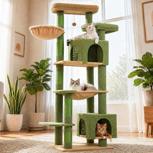 69” Tall Cat Tree for Indoor Cats Large Adult, Multi-Level Cat Tower with Scratching Post, Dual Top Perches, Big Hammock & 2 Spacious Condos, Cat Furniture for Multi-Cat Households, Green