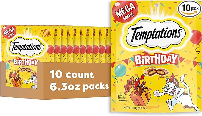 Temptations Birthday Cat Treats, Crunchy and Soft Cat Treats, Lobster & Beef Flavor, 6.3 oz. Pouch (Pack of 10)