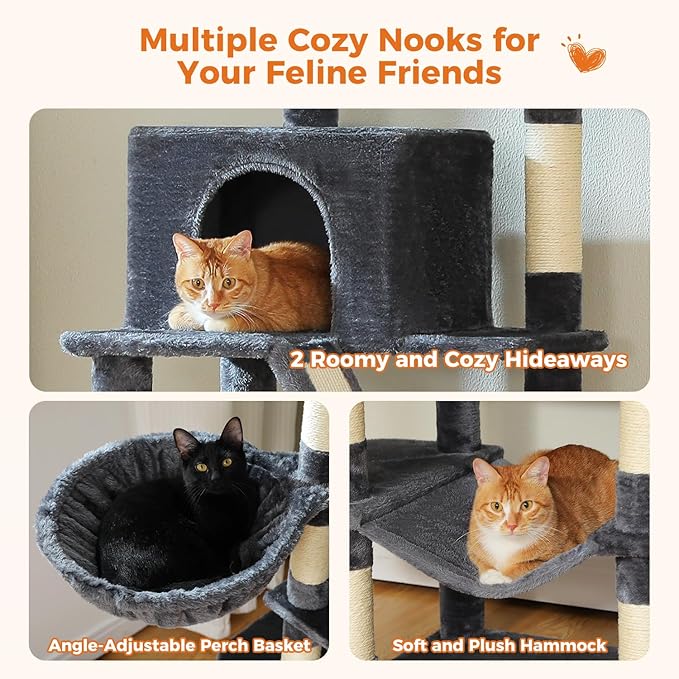 MUTTROS 70.8" Tall Cat Tree for Large Cats, Multi-Level Cat Tower with 8 Sisal Scratching Posts, 2 Top Perches, Big Condo, Large Hammock, and Cat Furniture for Indoor Cats, Dark Gray