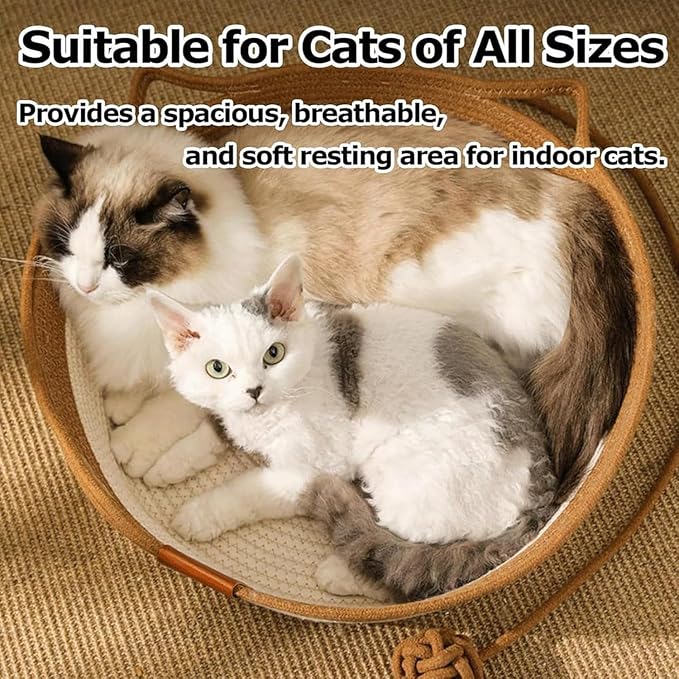 Instinct Basket, Stimuli Handwoven cat Basket Rope Cotton with Cushion, Eliminates Bed Rejection Round Pet Basket, Boho Catbed for Cats Handwoven Scratchable Breathable Weave (Large-A)