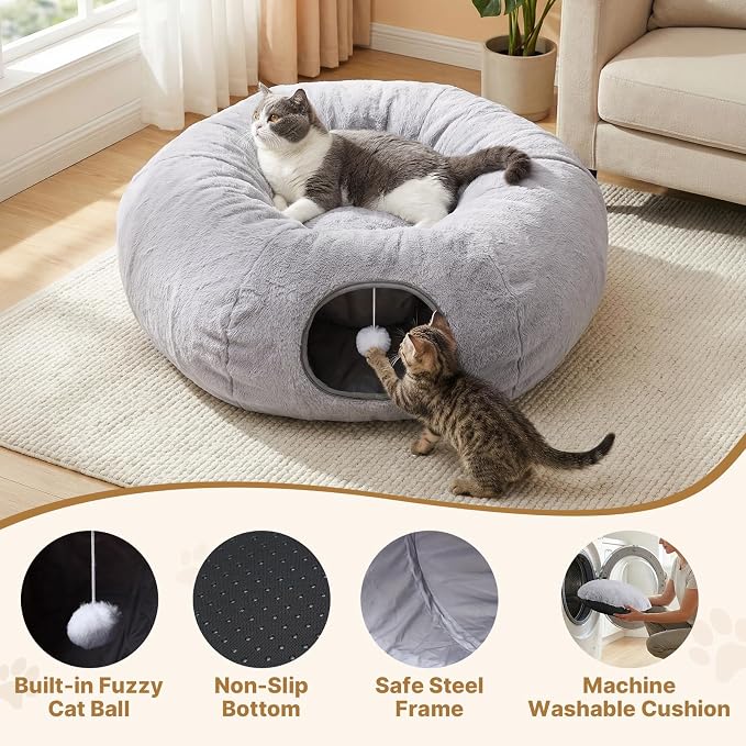 Cat Tunnel Bed for Indoor Cats, 31.5in Round Cat Tunnel for Small Cats, Cat Donut Tunnel with Washable Plush Mat, Collapsible Tunnel Hideplace for Kittens, Squirrels Grey