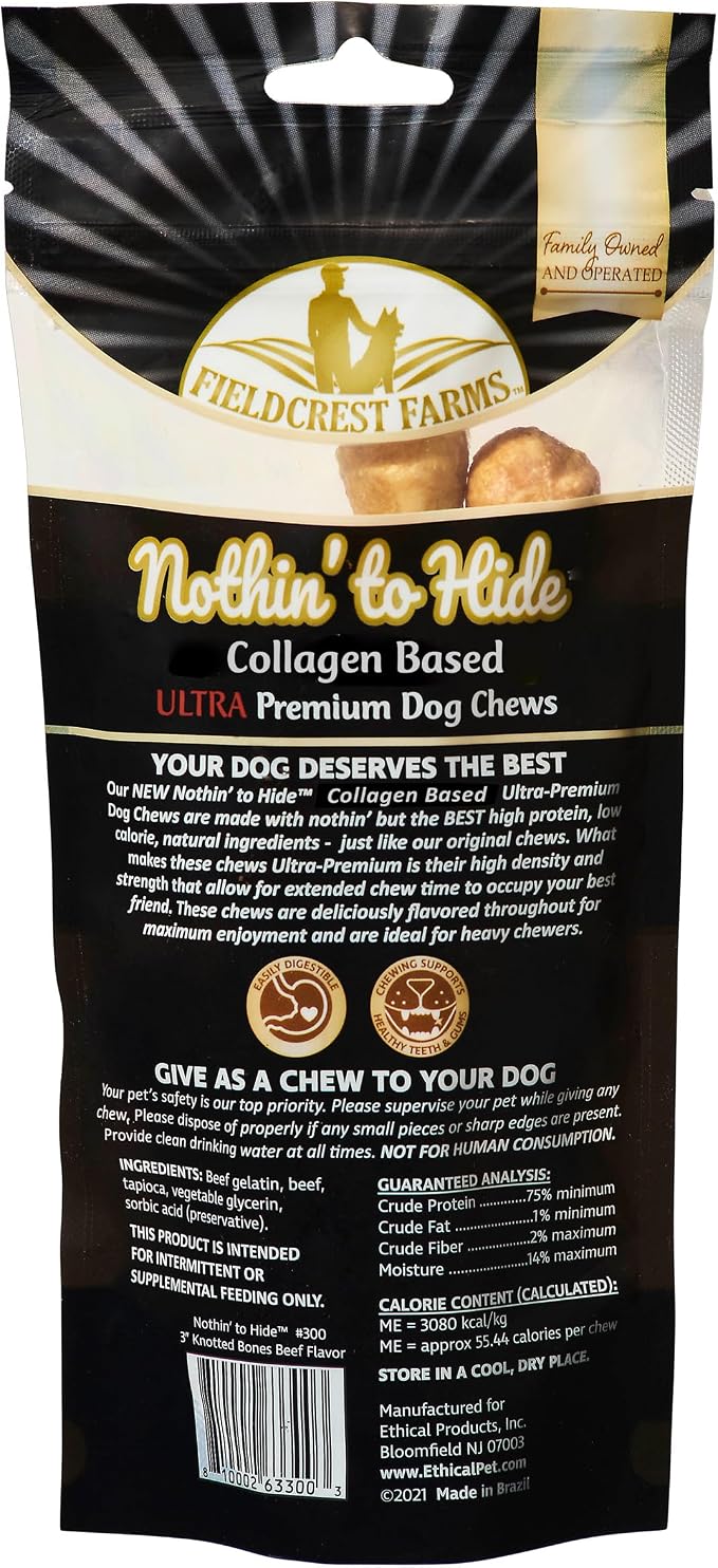 Fieldcrest Farms Nothin' to Hide 3 inch Ultra Knotted Bone Treats - Natural Rawhide Alternative Treats for Dogs, Collagen Based Snack for Heavy Chewers up to 15lbs - Beef Flavor, 12 Pack