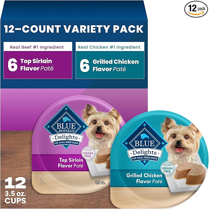 Blue Buffalo Delights Variety Pack Natural Grain Free Wet Dog Food for Small Breed Dogs (Top Sirloin Flavor Paté and Grilled Chicken Flavor Paté) with Natural Ingredients, 3.5-oz. Each (12 Cups)