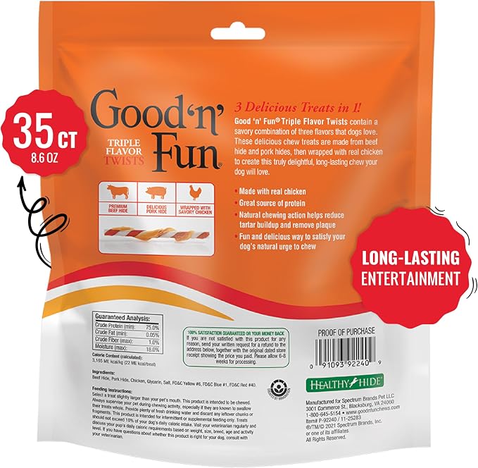 Good 'n' Fun Twists Long-Lasting Dog Treat, With Real Proteins, Beef Hide and Premium Chicken, Supports Dental Health, Mental Stimulation, 35 count