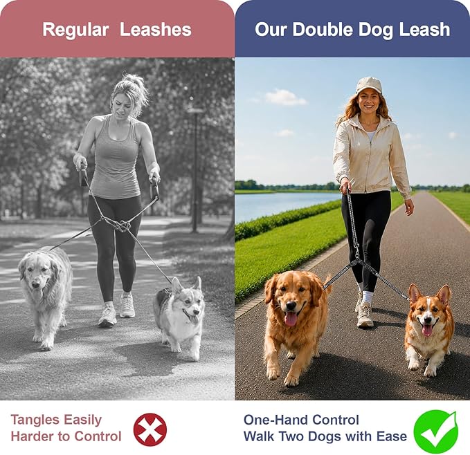 Double Dog Leash for Two Dogs, Complete Set with 31.5" Main Leash + Adjustable Splitter, Padded Handle, D-Ring, 360° Swivel, Shock-Absorbing Bungee, Reflective for Small Medium Large Dogs (Black)