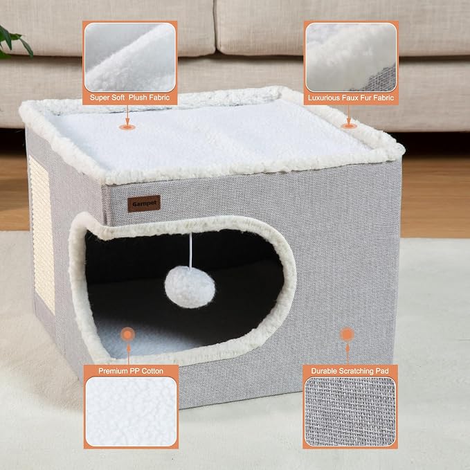 Garnpet Cat Bed for Indoor Cats Cube House, Covered Cat Cave Beds & Furniture with Scratch Pad and Hideaway Tent, Cute Modern Cat Condo for Multi Small Pet Large Kitten Kitty, Navy