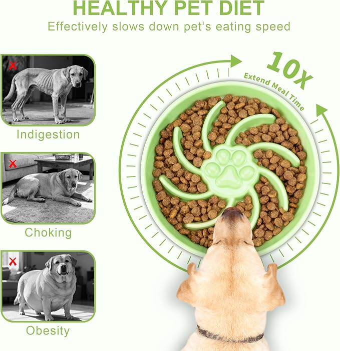 Ceramic Slow Feeder Dog Bowl, 3 Cup Dog Food or 25oz Water, Slow Eating Bowl for Middle Breed, Maze Puzzle Feeder for Fast Eaters, Anti-Choking Stop Bloat, Non-Slip BPA Free (Green)