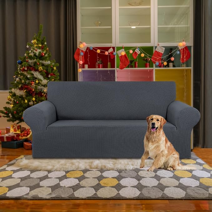 KEKUOU Stretch Loveseat Sofa Cover Slipcover,Couch Covers for 2 Cushion Couch Sofa (55"-78") Furniture Protector Sofa with Elastic Bottom for Kids,Dog. Jacquard Small Checked (Medium,Charcoal)