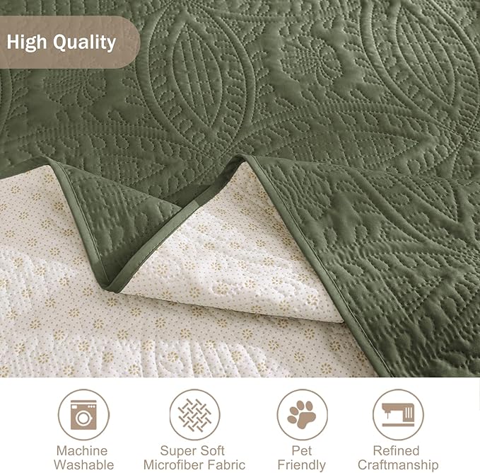 Quilted Olive Green Sofa Slipcovers with Pockets, Anti-Slip Medallion Couch Covers for 3 Cushion Sofa, Couch Cover for Dogs Cats Water-Repellent Machine Washable (Large Sofa 68", Olive Green)