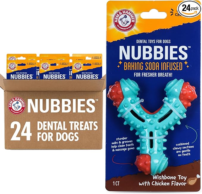 Arm & Hammer for Pets Nubbies Wishbone Dog Dental Toy Chicken Flavor Baking Soda Infused Moderate Chewers Plaque Tartar Reduction No Stuffing 24 Pack