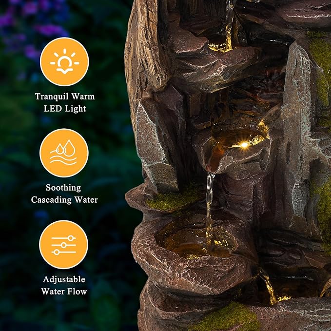23.7" H Outdoor Garden Fountains, Cascading Rock Water Fountain Indoor, Freestanding Resin Water Feature for Patio, Backyard, Deck, Porch Home Decor