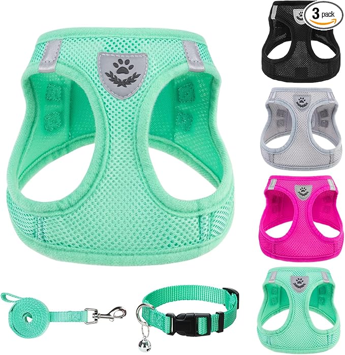 PUPTECK Adjustable Dog Harness Collar and Leash Set Step in No Pull Pet Harness for Small Medium Dogs Puppy and Cats Outdoor Walking Running, Soft Mesh Padded Reflective Vest Harnesses, Solid Green L
