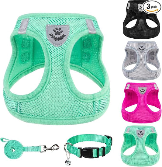 PUPTECK Adjustable Dog Harness Collar and Leash Set Step in No Pull Pet Harness for Small Medium Dogs Puppy and Cats Outdoor Walking Running, Soft Mesh Padded Reflective Vest Harnesses, Solid Green L