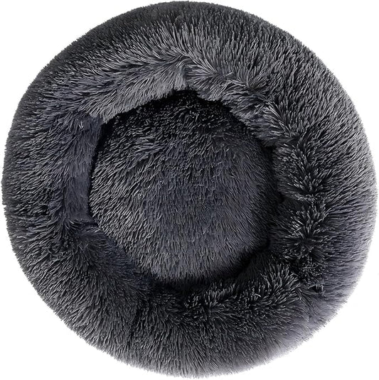 31 inches Calming Dog Bed for Large Dogs,Round Donut Plush Pet Cushion, Machine Washable Anti-Slip Bottom, Dark Gray Fluffy Warm Couch for Dogs Cats Up to 30KG